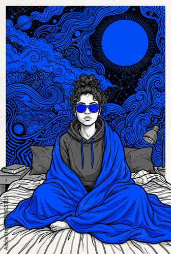 Cozy Young Woman in Sunglasses Wrapped in Blue Blanket Sitting in Bed, Psychedelic Swirling Background Illustration