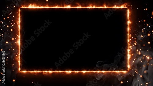 Fiery rectangular frame border with intense glowing embers and swirling smoke motion video footage effects