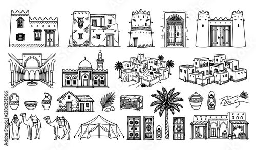 Traditional Arabic Architecture and Desert Village Vector Icon Set with Mosque Clay Houses Fort Gates Camels Palm Trees and Middle Eastern Culture Line Art
