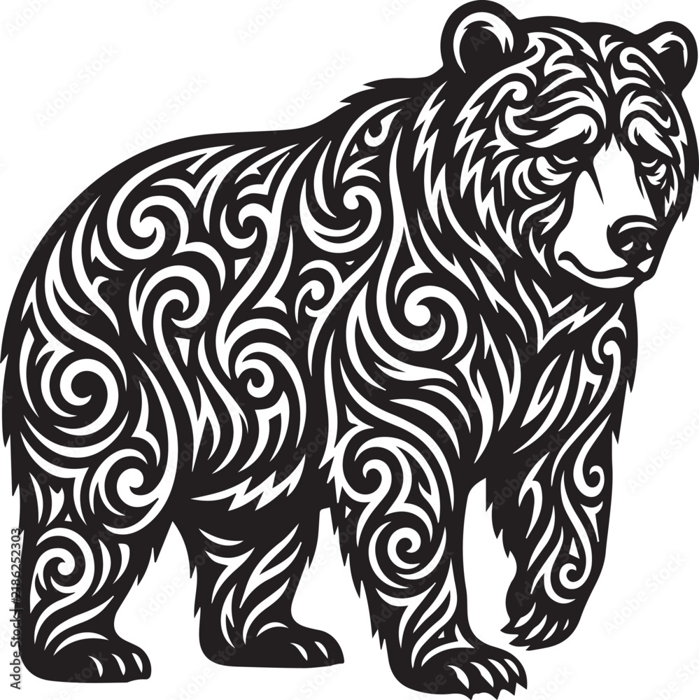 Obraz premium Standing grizzly bear in a complex tribal tattoo style with black and white swirling patterns on a white background