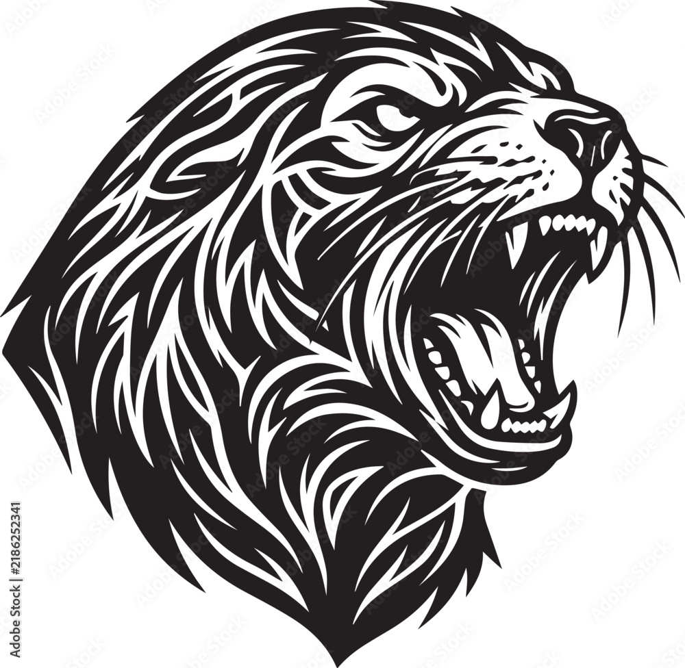 Obraz premium Roaring panther head in a sharp tribal tattoo style with black and white swirling patterns on a white background