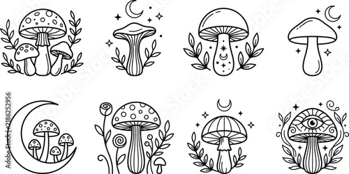 Set of black mushroom illustrations on a transparent background.