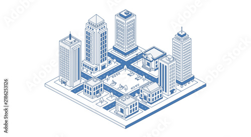 An isometric illustration displays a modern city center featuring several tall skyscrapers, smaller commercial buildings, and a central plaza, all interconnected by intersecting roads in a blue.
