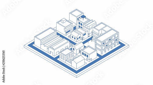 This isometric illustration showcases a mixed-use urban block with various building types, including residential homes, commercial structures, and industrial facilities, connected by a network of.