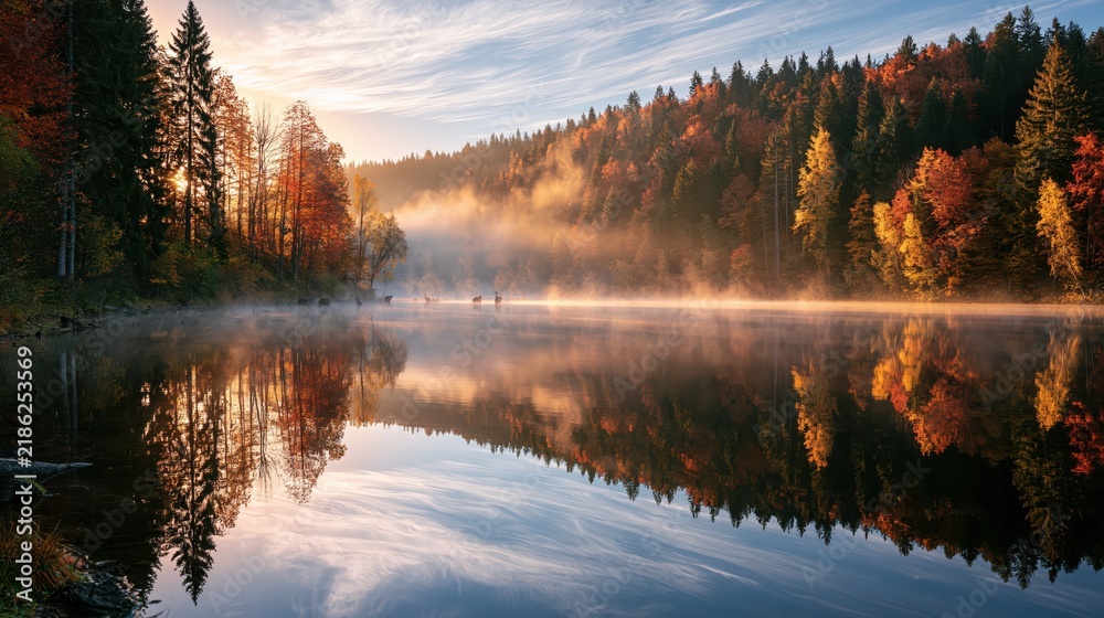 Obraz premium Autumn forest lake with mist at sunrise reflecting colorful trees and calm water serene landscape