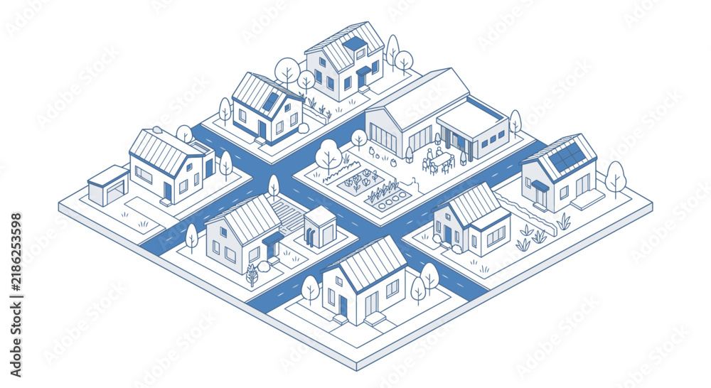 Fototapeta premium Isometric illustration showcases a suburban neighborhood composed of various detached single-family homes, each with unique architectural details and surrounding green spaces, connected by roads.