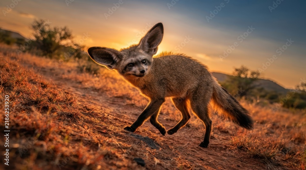 Fototapeta premium Bat-Eared Fox in Desert Sunset: A charming bat-eared fox with its signature large ears treads carefully across a sun-drenched desert landscape as the sky paints a vibrant sunset.