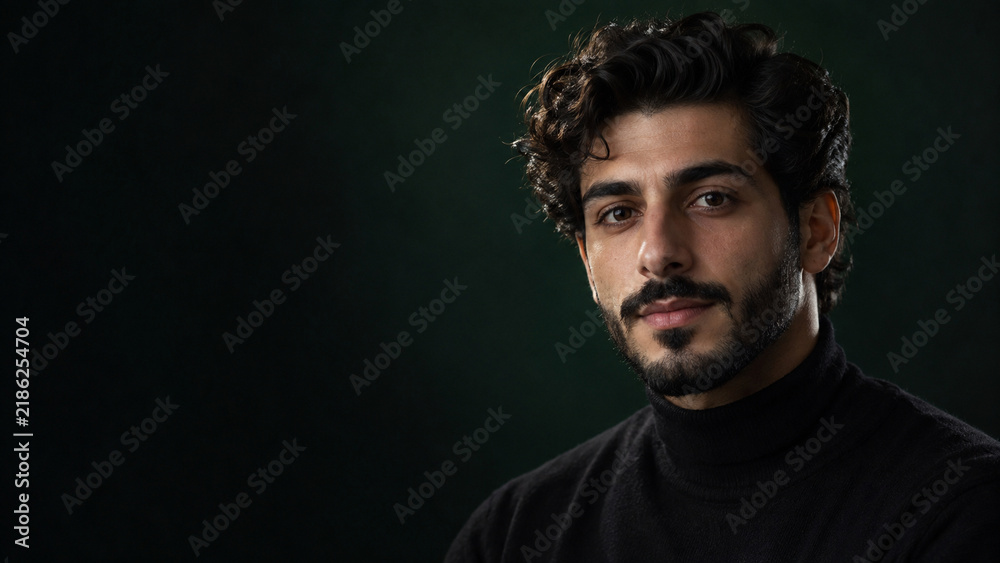 Fototapeta premium Middle Eastern man in dark turtleneck studio portrait