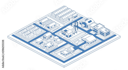 Isometric illustration depicts a blue and white smart city with various buildings including residential homes, commercial structures, and factories connected by roads and infrastructure.