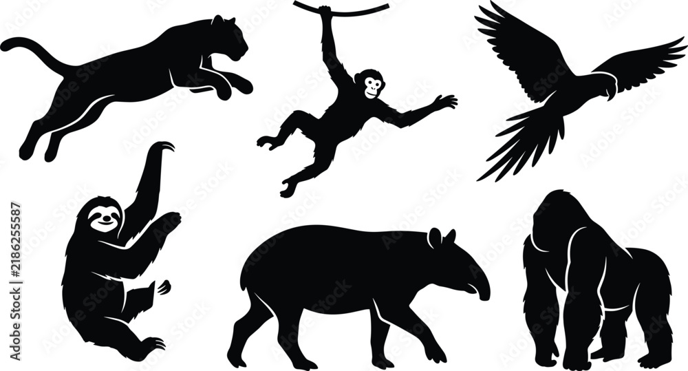 Obraz premium Collection of wild rainforest animal black silhouettes featuring panther, monkey, macaw, sloth, tapir, and gorilla isolated on white