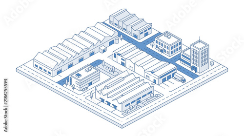 Isometric illustration of an industrial and commercial urban area featuring various factory buildings and office blocks connected by roads, presented in a clean blue line art style.