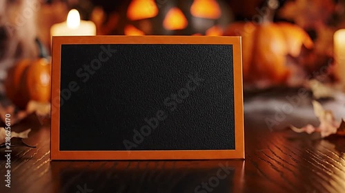 Halloween chalkboard sign with glowing carved pumpkins and flickering candles in dark spooky video motion animation