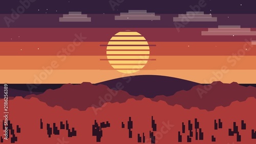 Pixel art sunset background loop synthwave animation showing retro 80s mountain landscape with sun movement and clouds lo-fi footage