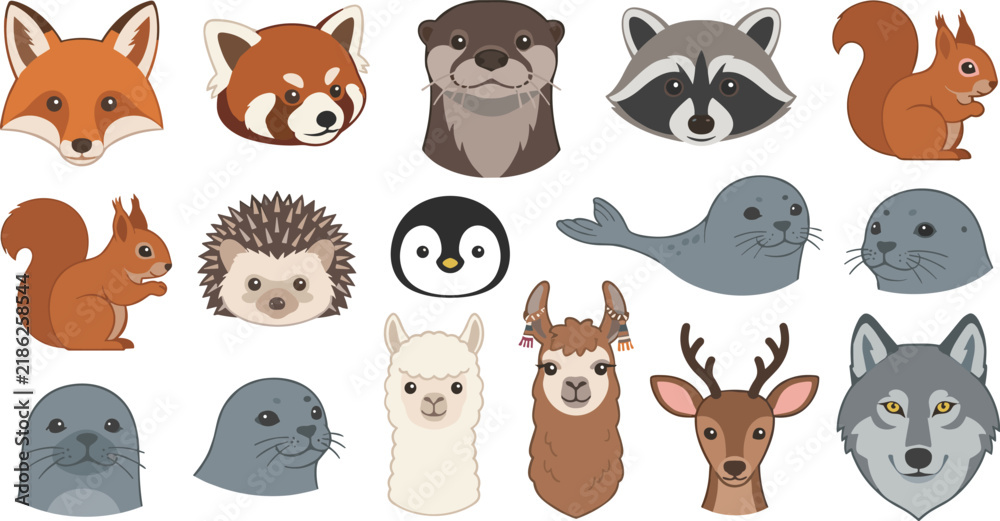 Fototapeta premium Cute Woodland Animal Face Collection Featuring Fox, Raccoon, Squirrel, Otter, Deer and Arctic Wildlife