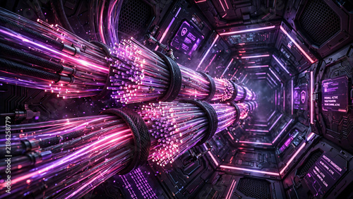 Fiber optic cables transmitting data inside futuristic cybernetic tunnel with glowing neon lights for advanced technology concept