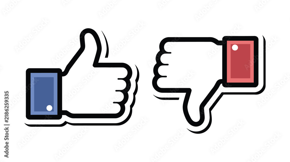 Obraz premium Thumbs up and thumbs down like dislike icons set, hand gesture feedback symbol for social media reaction, voting, and user review graphics.