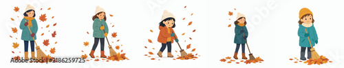 vector flat a little girl sweeping dry fallen autumn leaves
