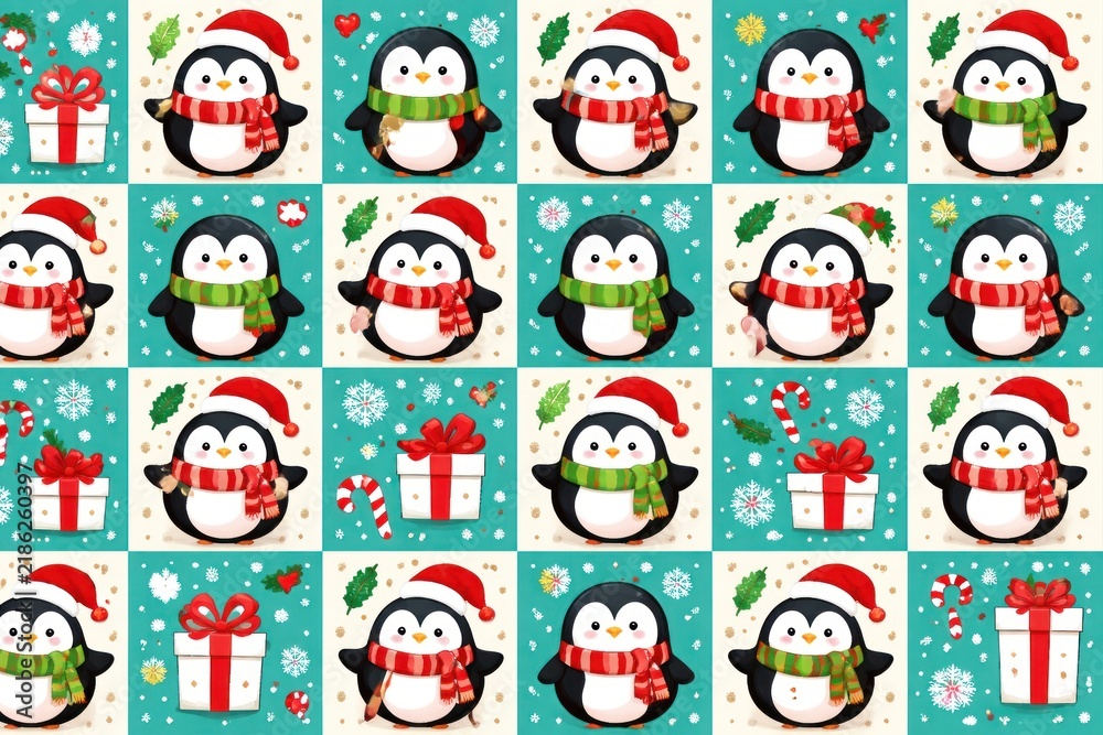 Fototapeta premium Festive penguins with holiday gifts.