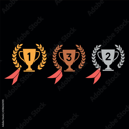 Create a clean flat vector set of three award trophies numbered 1st, 2nd, and 3rd, each surrounded by a laurel wreath