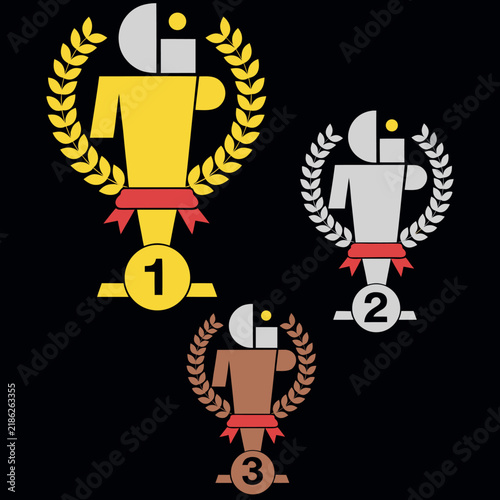 Create a clean flat vector set of three award trophies numbered 1st, 2nd, and 3rd, each surrounded by a laurel wreath