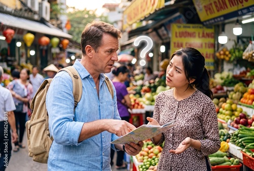 Male Tourist Experiencing Language Barrier While Asking Confused Local Woman Directions in Asian Street Market