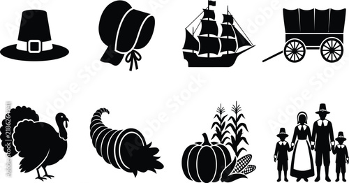 Thanksgiving holiday silhouette icons including pilgrim hat cornucopia turkey family.