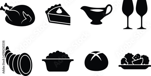 Thanksgiving dinner meal food icons featuring turkey pie gravy and wine glasses set.
