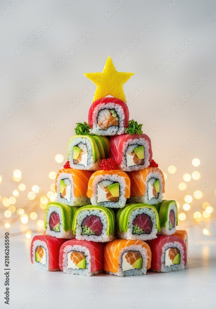 Fototapeta premium Vibrant sushi rolls stacked in a holiday tree shape with a star on top, surrounded by warm twinkling lights and a cozy festive atmosphere, delicious, art, wasabi