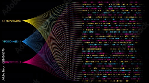 Abstract digital data transfer visualization featuring flowing network stream lines and hexadecimal code. Seamless loop on transparent alpha channel BG for cybersecurity, AI, big data and tech themes