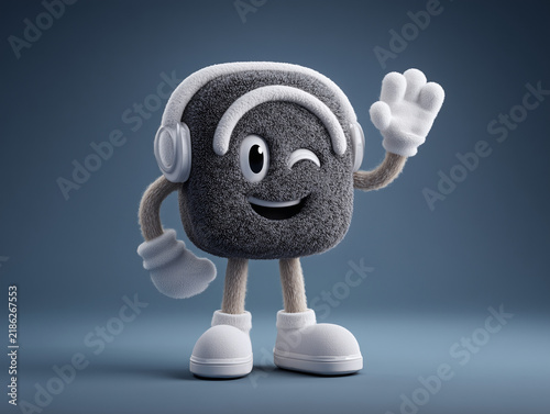 Fuzzy 3d character with headphones winking and waving
