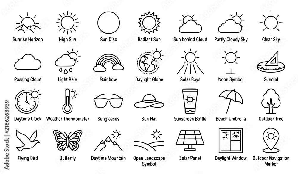 Fototapeta premium Daylight Symbol Line Icon Set with Sun, Weather, Sundial, Sunscreen, and Outdoor Nature Symbols for Sunny Day Designs