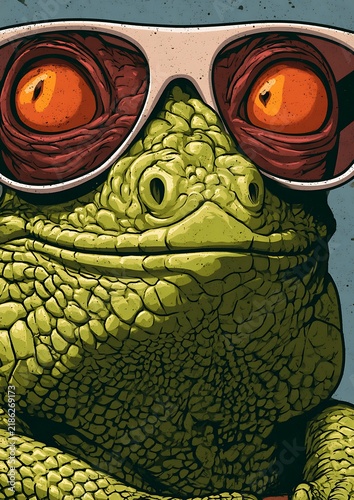 Close up portrait of a green iguana wearing oversized retro sunglasses in a stylized illustration