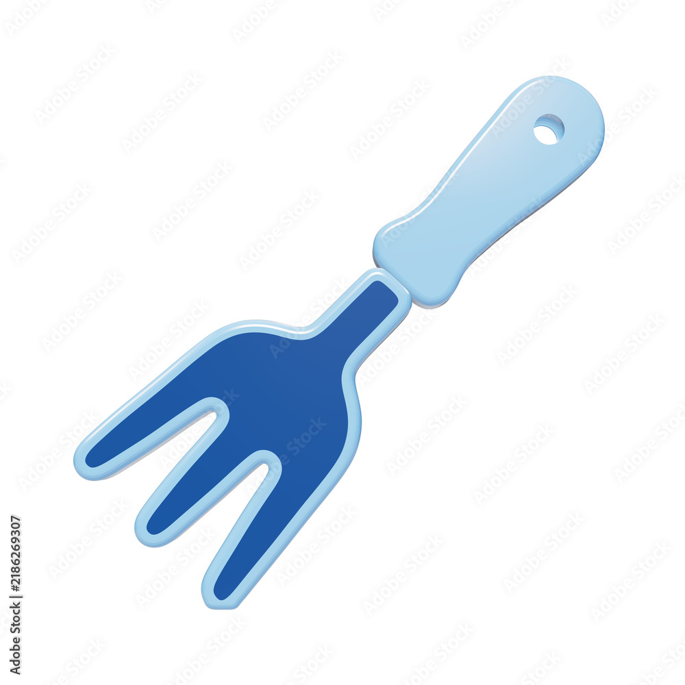 Obraz premium 3D rendered handheld garden cultivator tool with blue tines and light blue handle for gardening tasks and yard maintenance isolated on a transparent background