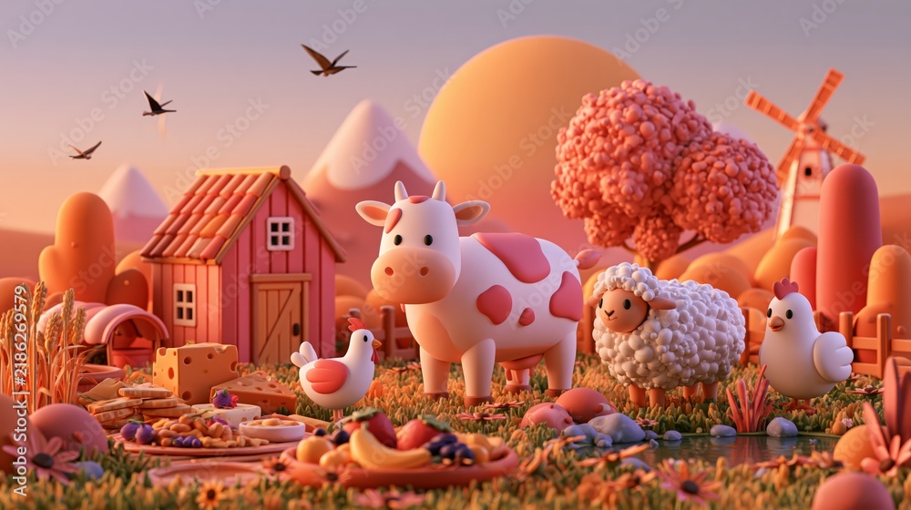 Obraz premium Whimsical pastel farm scene at sunrise featuring a playful cow and fluffy sheep near chickens, a red barn and windmill amid rolling hills, fruit, vegetables and flowering meadow
