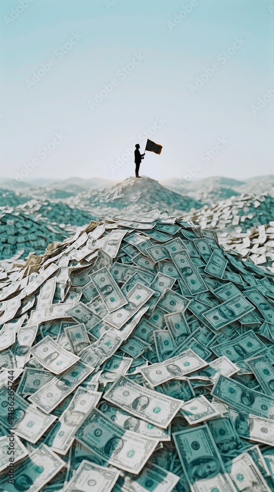 Fototapeta premium Person standing on stacks of dollar bills holding flag in desert landscape