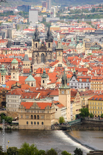 A panoramic view of Prague, Czech Republic, specifically highlighting the cityscape of the Old Town (Staré Město).