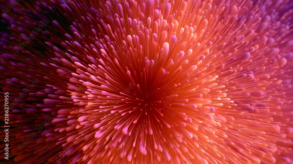 Fototapeta premium Vibrant abstract radial explosion of pink, red, purple and orange particle tendrils radiating from the center in a textured, immersive digital 3D-style art composition