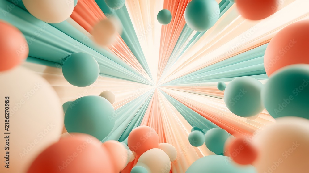 Fototapeta premium Abstract radial scene of floating pastel spheres and glossy balls in teal, coral and cream converging toward a bright central vortex, evoking motion, depth and dynamic perspective.