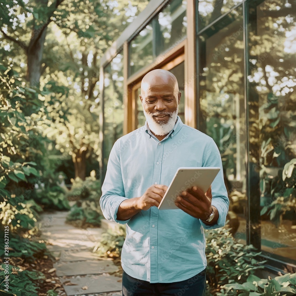 Fototapeta premium Older man with white beard smiling while using tablet in lush green garden outdoors