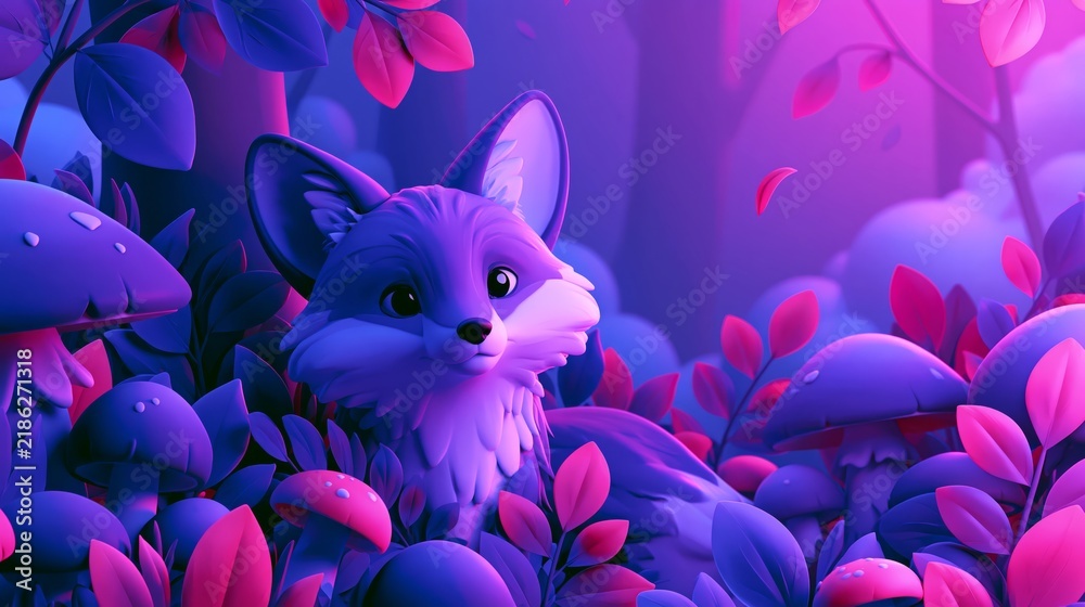 Obraz premium Charming stylized fox nestled among glowing purple and pink forest foliage and mushrooms, a whimsical nocturnal woodland portrait with bioluminescent glow and magical atmosphere