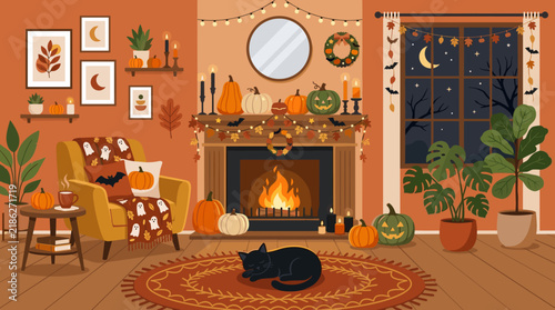 Cozy Halloween Living Room: A warm and inviting living room decorated for Halloween, featuring a fireplace with a roaring fire, pumpkins, fall foliage, string lights.