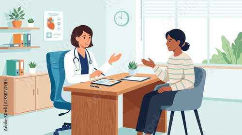 Doctor Consultation: A female doctor in a white coat discusses a patient's health with them at a desk in a well-lit examination room, illustrating a moment of care and medical advice.