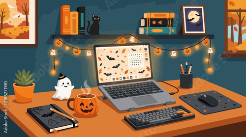 Cozy Halloween Workspace: A charmingly decorated desk for Halloween, featuring a laptop adorned with spooky bats, a pumpkin-themed mug of steaming coffee, and festive string lights.