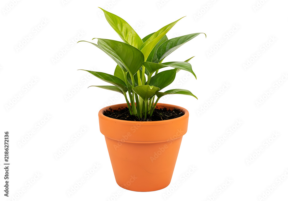 Fototapeta premium Small green houseplant in an orange ceramic flower pot