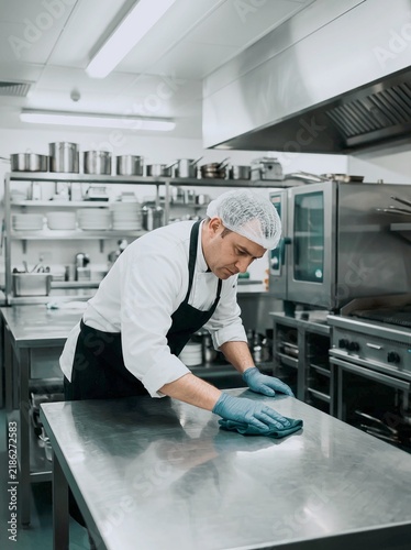 Chef cleaning stainless steel table in commercial kitchen with hairnet and gloves