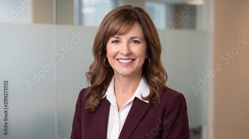 Portrait of a smiling middle aged woman in a burgundy blazer standing in a bright office hallway