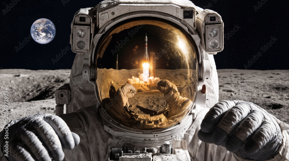 Fototapeta premium Space explorer witnessing rocket launch reflected in gold visor on lunar surface. Earth visible in the background of the moon landscape.