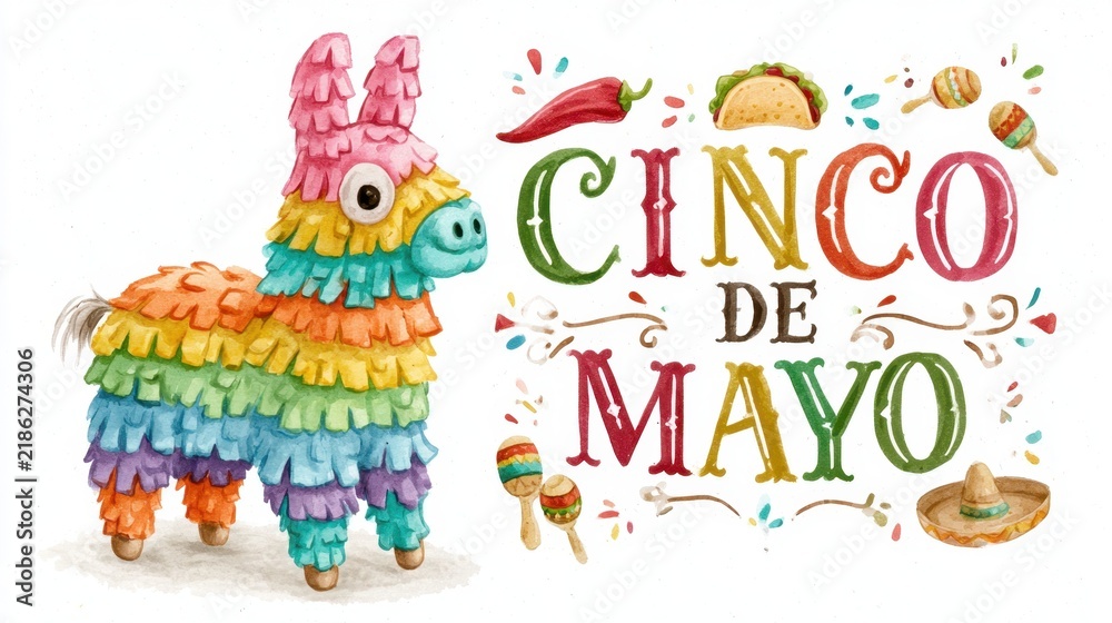 Naklejka premium Colorful watercolor donkey piñata with festive Cinco de Mayo lettering and Mexican party decorations