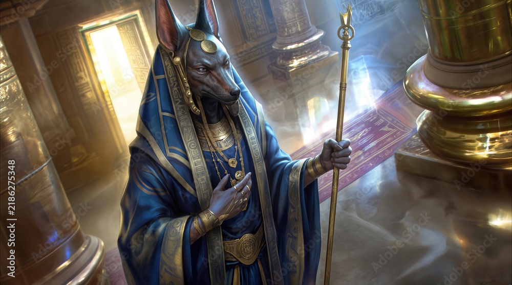 Obraz premium Anubis deity standing in ancient Egyptian temple. Anthropomorphic jackal-headed god holding golden staff in ornate palace hall.