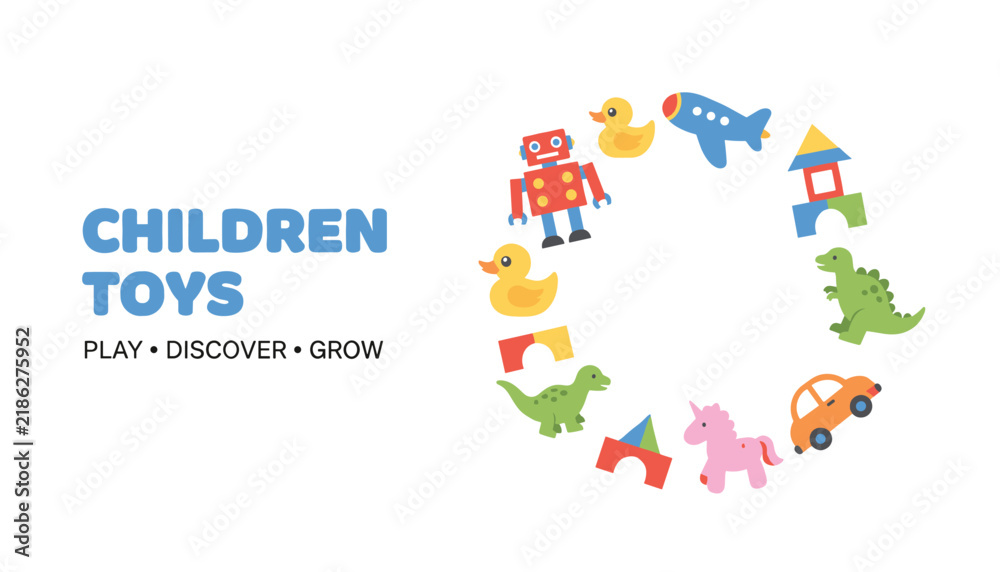 Fototapeta premium Colorful children toys logo featuring a playful circle of a toy car, duck, dinosaur, unicorn, robot, and blocks.